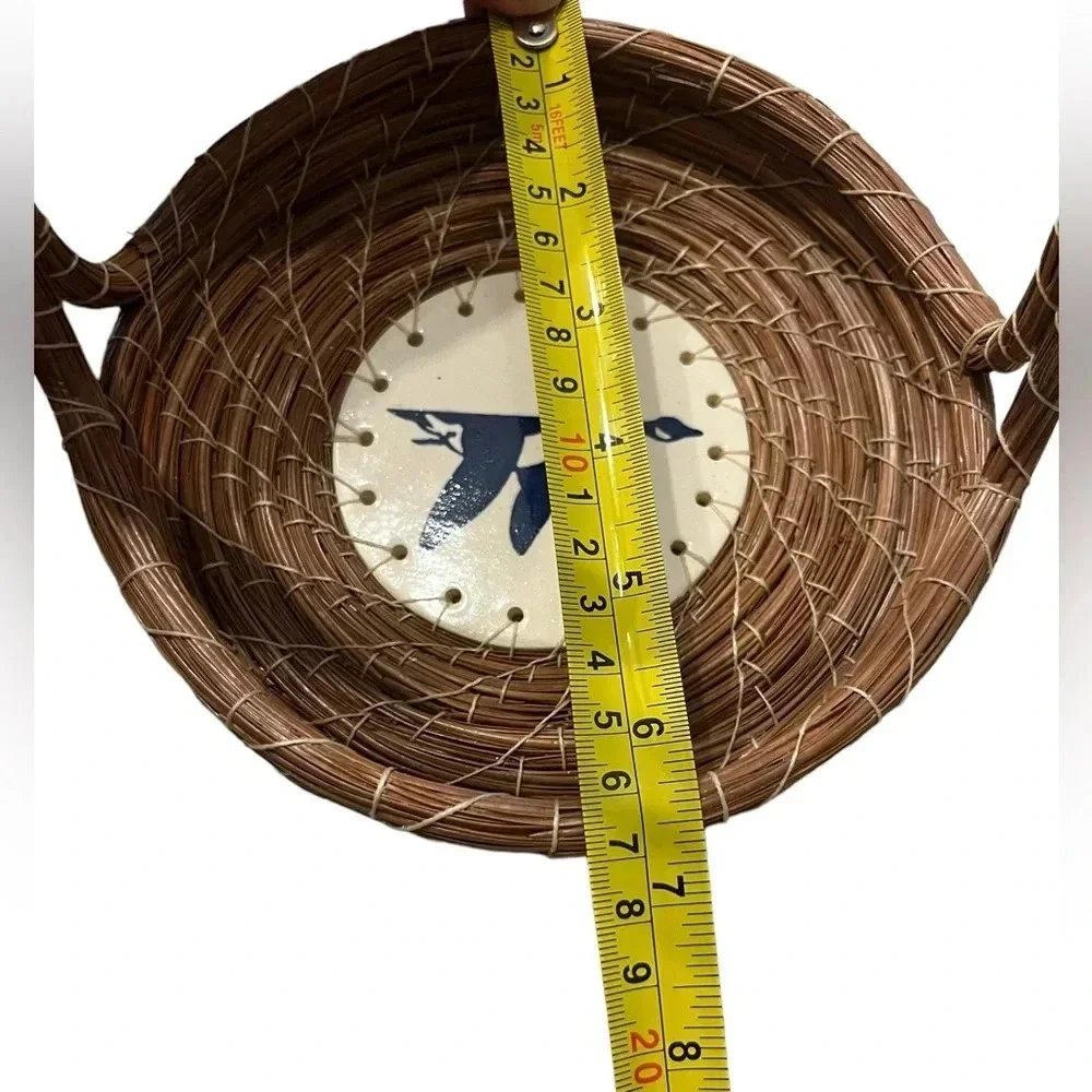 Pine Needle Handle Basket With Handpainted Ceramic Bird Plate Bottom Sig…